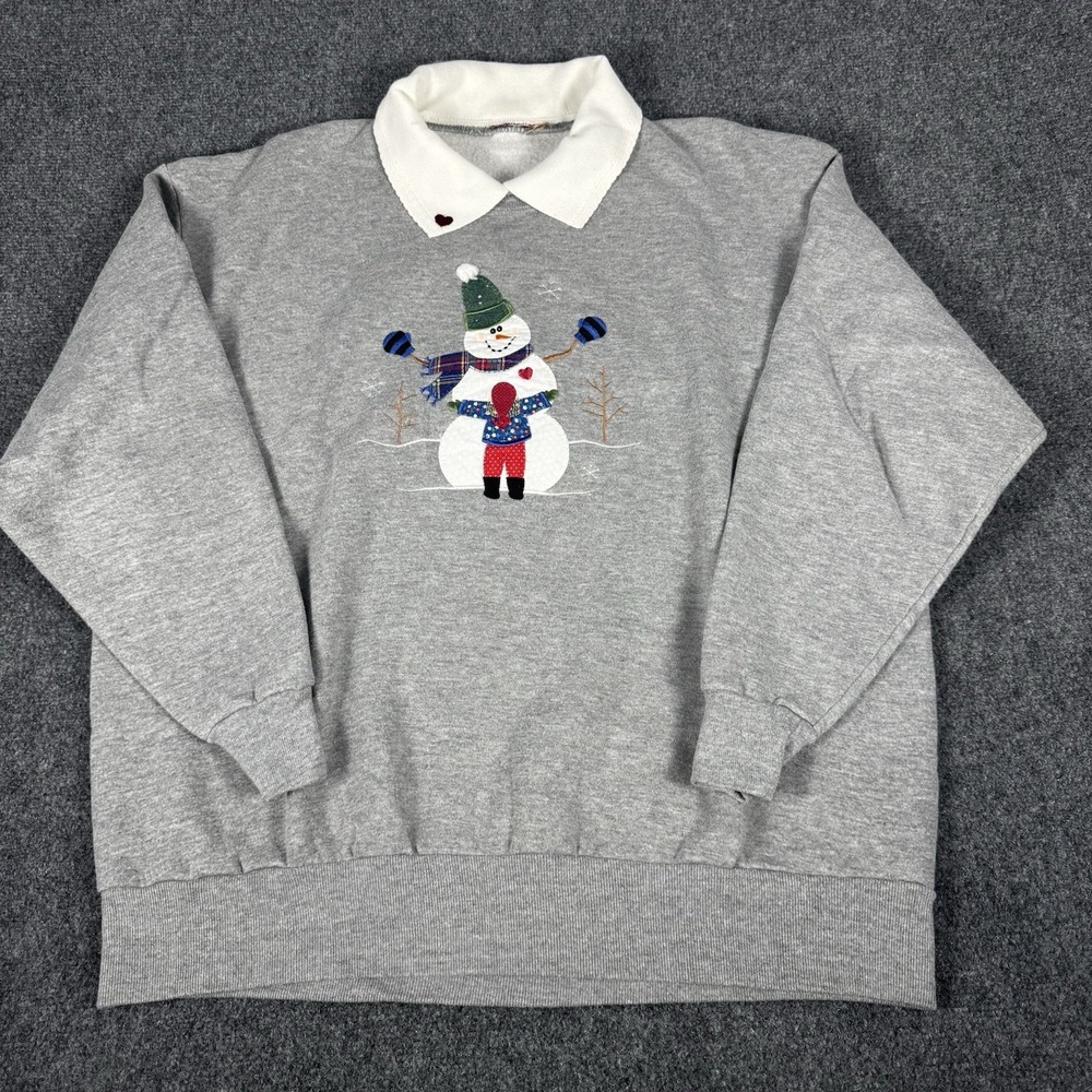 Vtg Christmas Sweatshirt Snowman Tree Grandmacore Ugly Made USA 90s